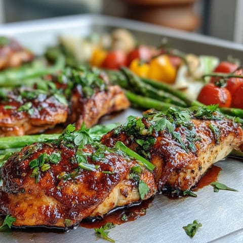 Easy one-pan chicken and spring vegetable bake, golden chicken breasts surrounded by colorful sugar snap peas and baby carrots.  