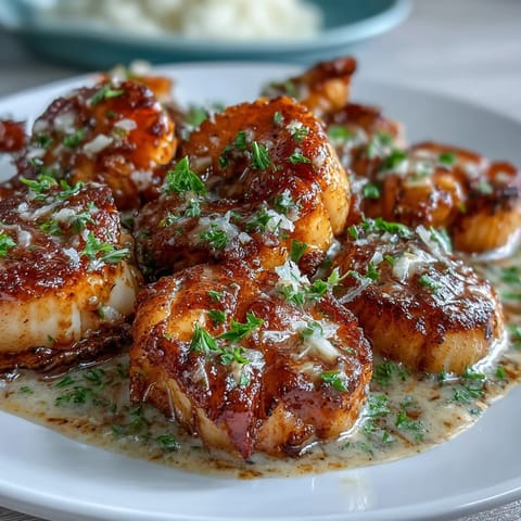Golden seared sea scallops in a vibrant lemon butter sauce, garnished with fresh parsley and lemon wedges for a bright, elegant main dish.