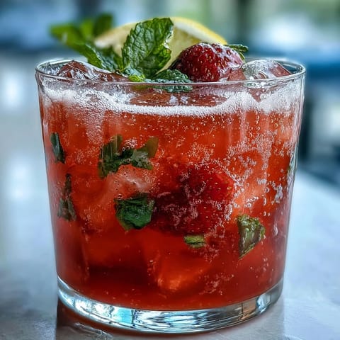 A sparkling strawberry lemon mocktail with fresh fruit and mint garnish, perfect for a sunny afternoon.