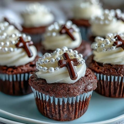 Delicate vanilla mini cupcakes with smooth buttercream and fondant rosary toppers, ideal for First Communion celebrations.