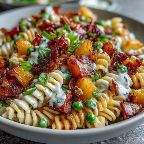 Hawaiian Pasta Salad with Ham, Pineapple, and Ranch—creamy ranch dressing coats pasta, ham, and sweet pineapple in a tropical twist.  
