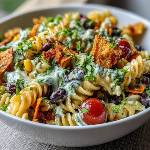 Colorful taco pasta salad with rotini, black beans, corn, and avocado, topped with cheddar and creamy Tex-Mex dressing.