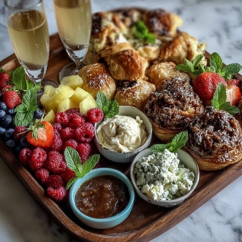 Mothers Day Brunch Board with Pastries, Fruit and Mimosas: a colorful spread of flaky croissants, berries, and fresh mimosas for festive mornings.