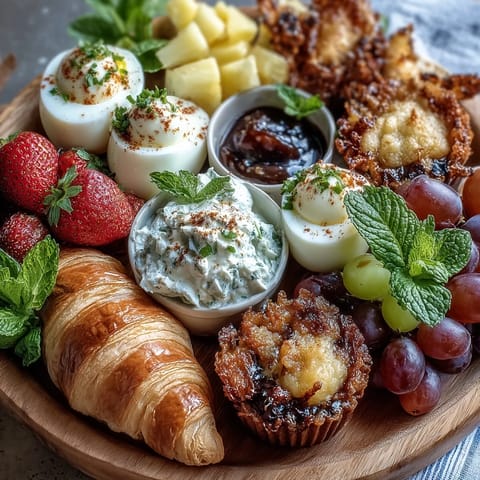 Festive Easter brunch board with deviled eggs, fresh fruit, and assorted pastries, perfect for a colorful morning spread.