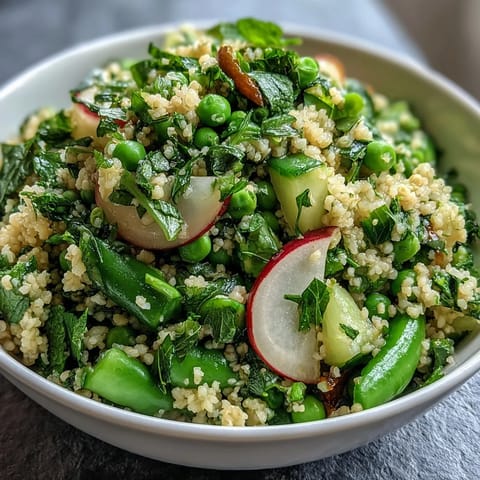 Fresh spring pea and mint couscous salad with vibrant green peas, fluffy couscous, and fragrant mint, served chilled for a refreshing side dish.  