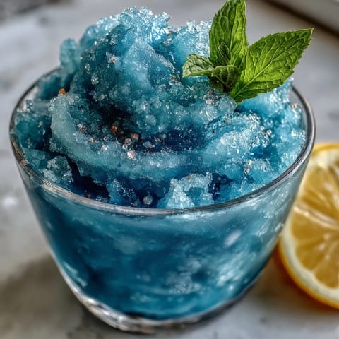 Blue Raspberry Lemonade Slushie in a frosty glass, garnished with fresh raspberries and lemon slices, perfect for summer refreshment.