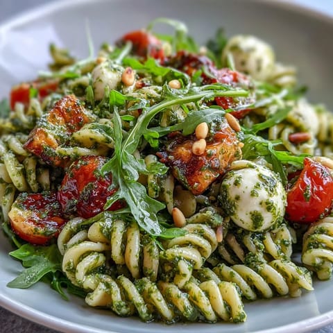 Fresh summer pasta salad with pesto, cherry tomatoes, and mozzarella, bursting with bright flavors and creamy textures, ideal for picnics and warm-weather dining.