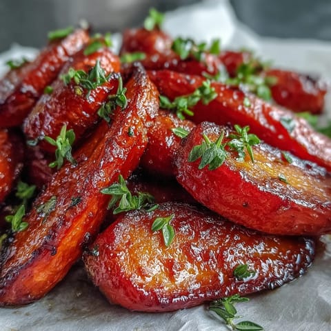 Honey Glazed Roasted Carrots with Thyme: golden roasted carrots glistening with honey and fresh thyme—perfect for holiday tables.