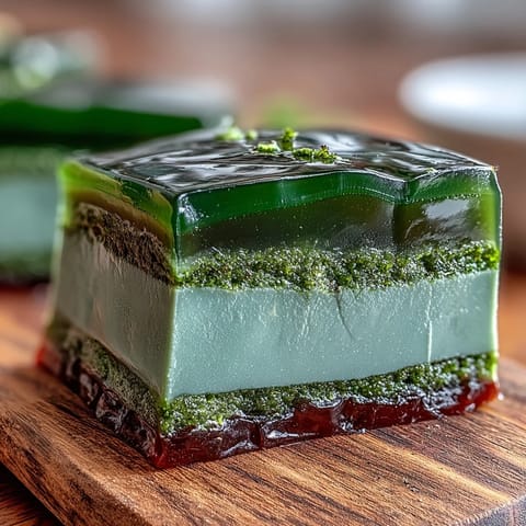 Yokan Japanese Red Bean Jelly with Matcha Layer, a vibrant dessert, chilled and ready to slice.