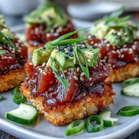 Colorful crispy rice salad with spicy tuna chunks and creamy avocado bites.