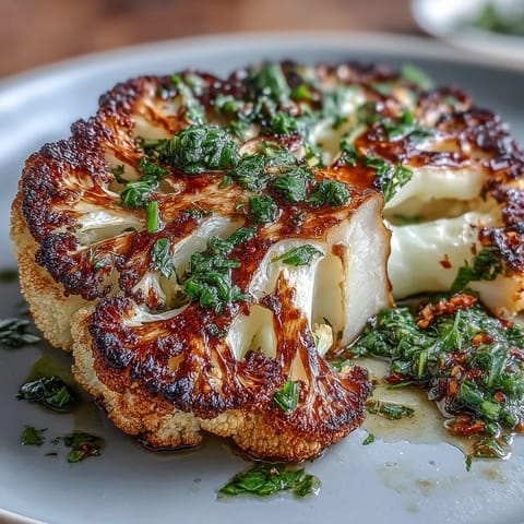Smoky BBQ Cauliflower Steaks adorned with bright, fresh chimichurri.