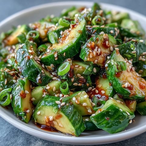 Vibrant smashed cucumber avocado salad with toasted sesame, a refreshing side dish.