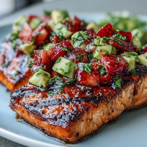 Juicy grilled salmon topped with bright, creamy strawberry avocado salsa, perfect for a light summer meal.