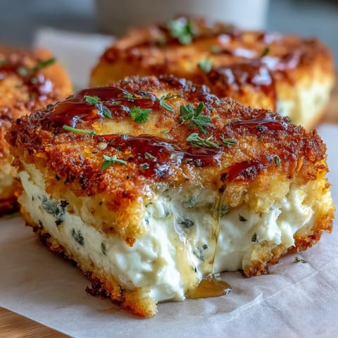 Golden, crispy baked feta appetizer drizzled with honey and fresh herbs.