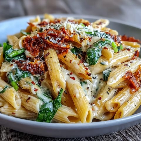 Creamy One-Pot Tuscan Pasta with vibrant spinach and sun-dried tomatoes, ready in minutes.