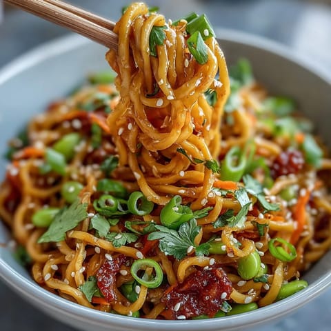 Cold Sesame Ginger Noodle Bowl with vibrant vegetables and crunchy edamame.