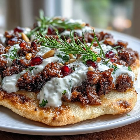 Warm spiced lamb flatbread pizza loaded with yogurt and jeweled pomegranate seeds.