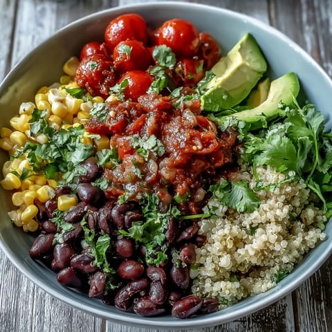 Vibrant Plant-Based Taco Bowl brimming with seasoned black beans and fresh salsa.