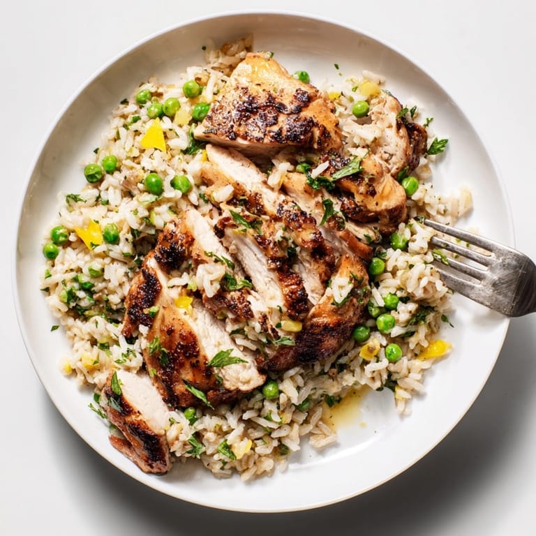 Steaming one-pot creamy lemon chicken and rice with tender peas, ready for family-style sharing.