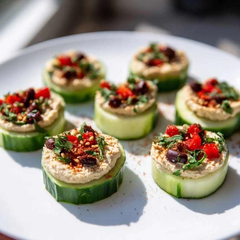 Fresh Quick Hummus and Cucumber Bites appetizer, colorful with olives, parsley, and a dusting of paprika.