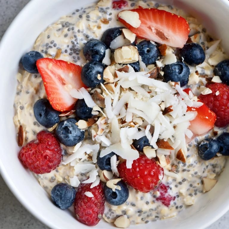 Enjoy a layered parfait of overnight oats with berries, offering a vibrant, delicious, and healthy breakfast.