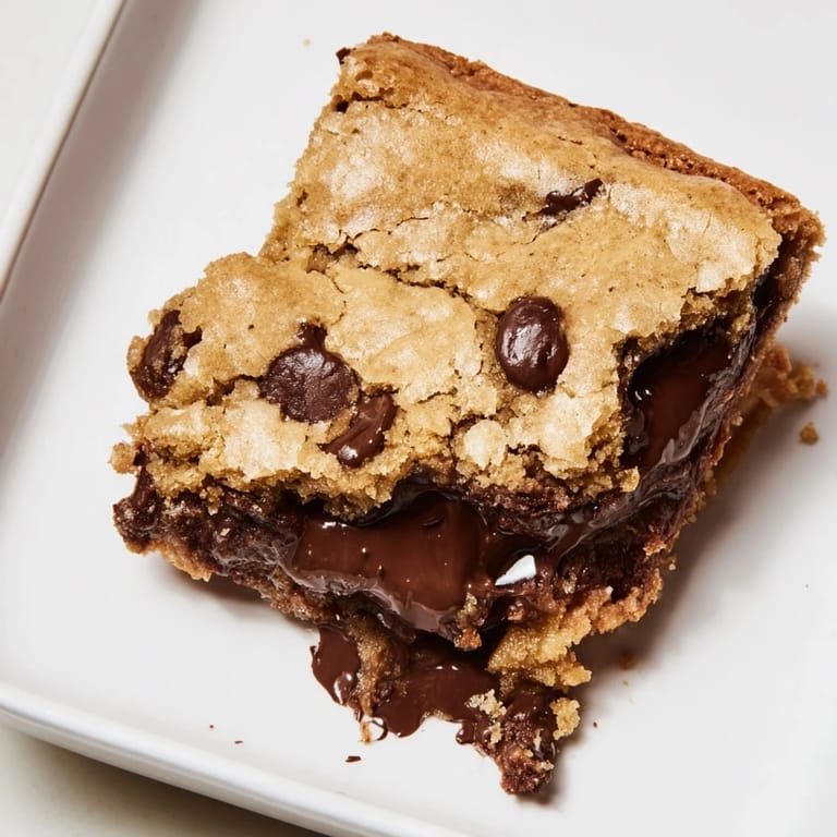Close-up of a cut The Ultimate Gooey Chocolate Chip Cookie Bar, showcasing melty chocolate chips and a chewy texture.