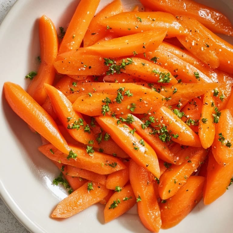 Vibrant plate of golden honey-glazed carrots, showcasing the glossy glaze and fresh parsley garnish.