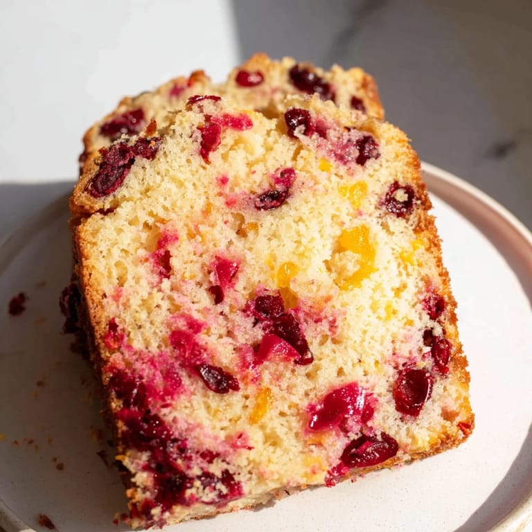 This vibrant photo shows a freshly baked cranberry and orange bread with glistening cranberries on top.