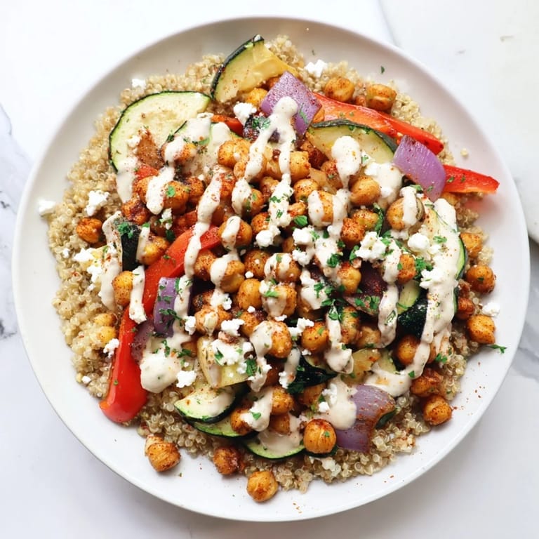 Close-up of a delicious Mediterranean Chickpea and Veggie Grain Bowl, perfect for a healthy and satisfying meal.