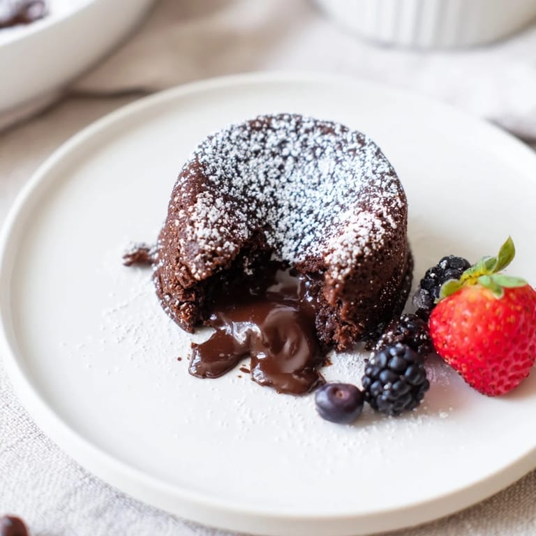 Rich, dark Mini Chocolate Lava Cakes with a dusting of powdered sugar, served with fresh berries.