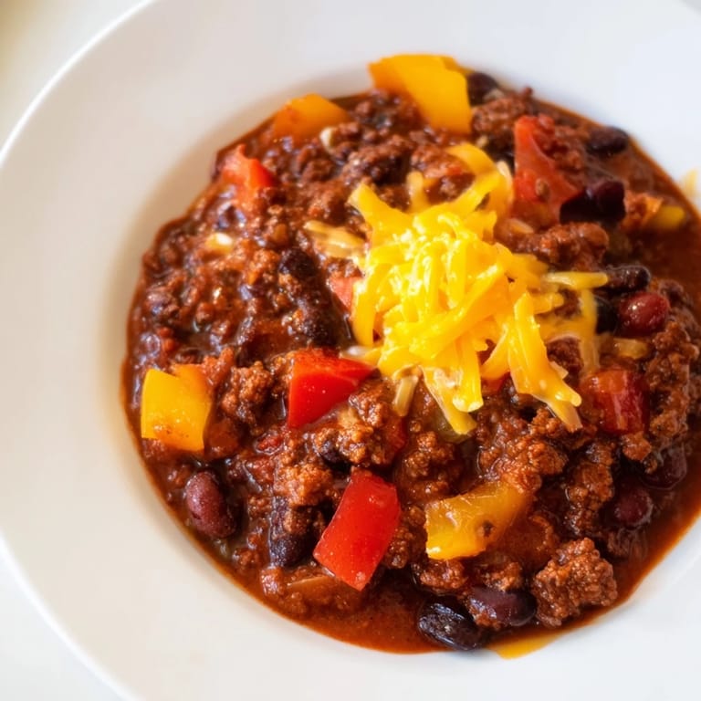 Hearty Simple Weeknight Chili bubbling in a pot, ready to be served with fresh toppings.