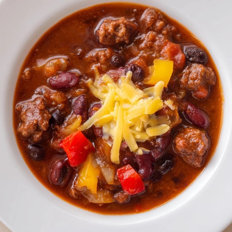 A close-up of a comforting bowl of Simple Weeknight Chili, with vibrant red and brown hues.