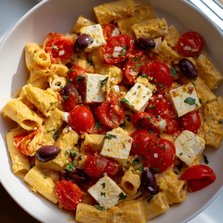 A delicious image shows creamy Baked Feta Pasta, a Mediterranean delight, garnished with fresh basil.