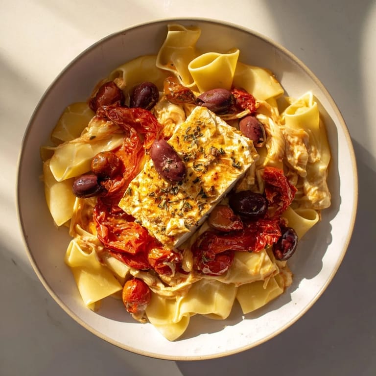 Close-up of bubbling Baked Feta Pasta, perfectly cooked with a rich, savory tomato sauce and olives.