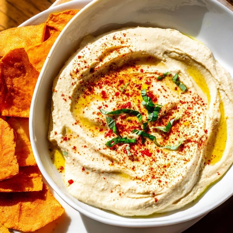 View the Sahara Dune: Golden pita chips surround creamy hummus, a unique Middle Eastern-inspired appetizer.