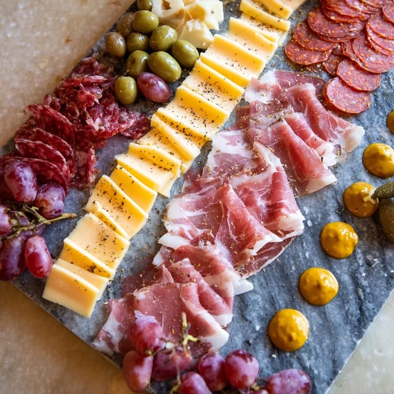 Beautiful industrial slate appetizer featuring cured meats, sharp cheeses, and fresh grapes, ready to serve.