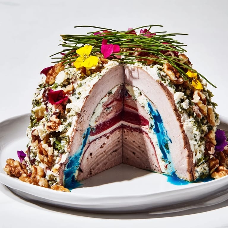 This elegant Grand Canyon Rim terrine shows intricately layered meats with a dramatic presentation for serving.