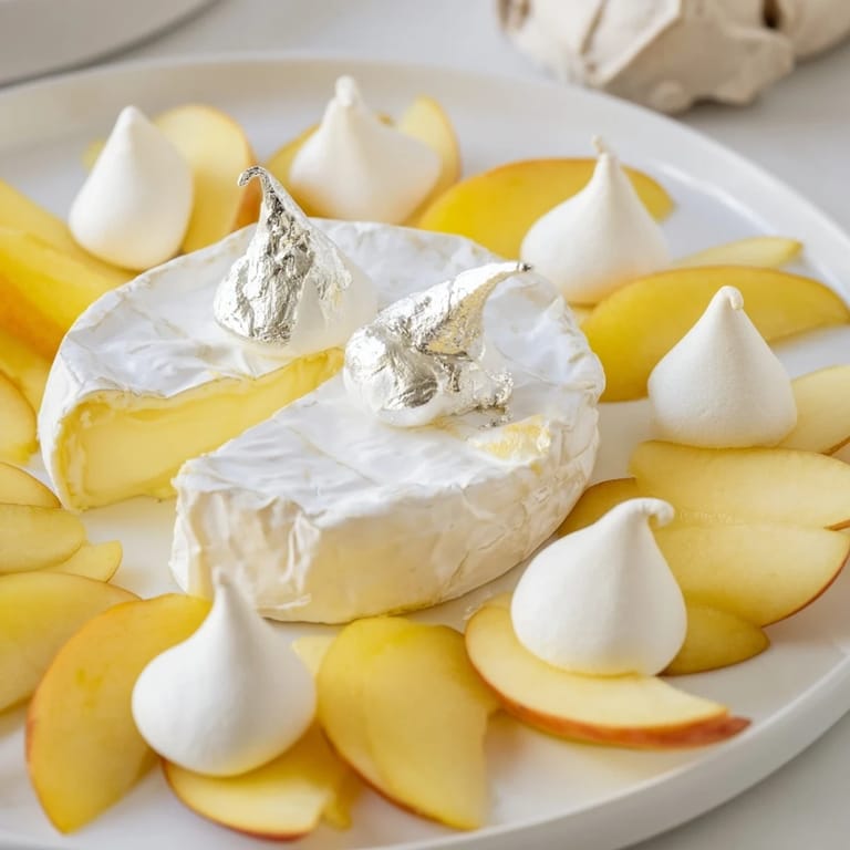 Elegant presentation of The Pearly Gates: a white cheese board with peaches, brie, and glistening silver leaf.