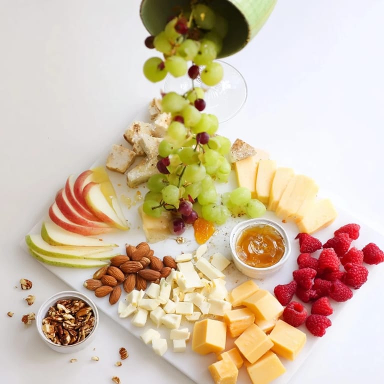 A Champagne Waterfall Board featuring a beautiful arrangement of fruits, cheeses, and delicious crackers ready to serve.