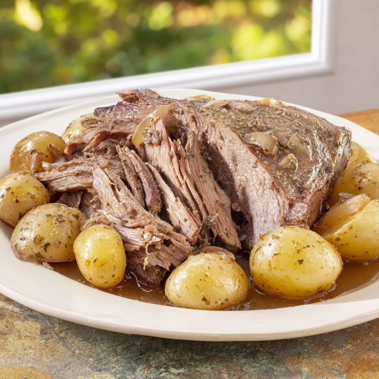Fork-tender 4-ingredient slow cooker pot roast recipe, ready to serve with flavorful vegetables.