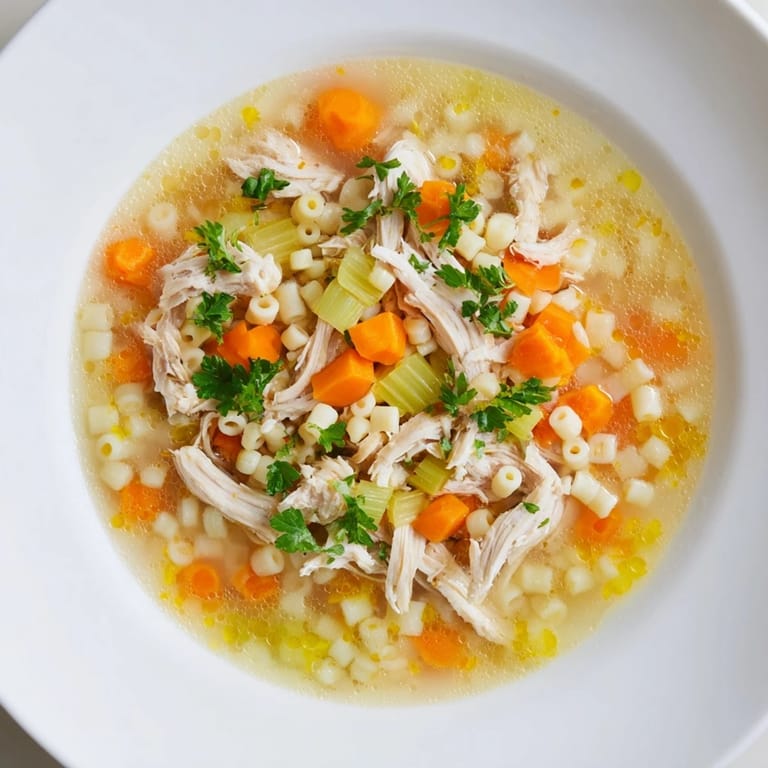 Close-up of a flavorful Chicken and Ditalini Flu Fighter Soup with tender chicken and bright carrots.
