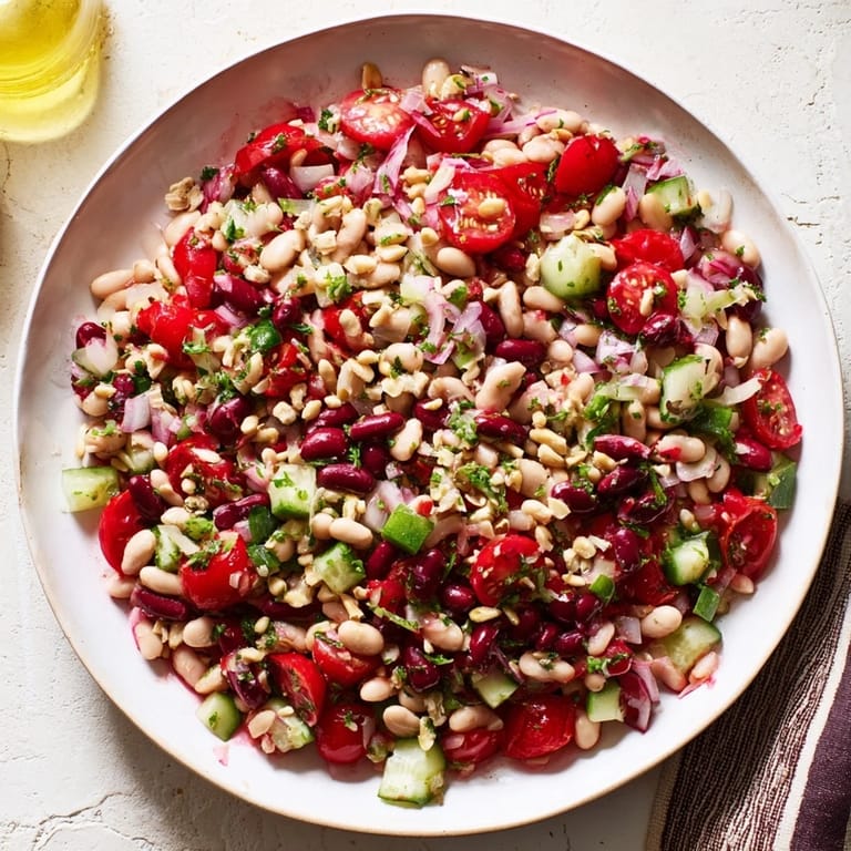 Freshly tossed Dense Bean Salad, with feta and toasted nuts, perfect for a light, healthy meal.