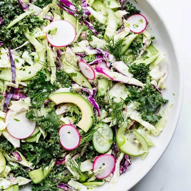 Close-up of a refreshing Green Goddess Detox Cabbage Salad, brimming with healthy, crunchy ingredients.