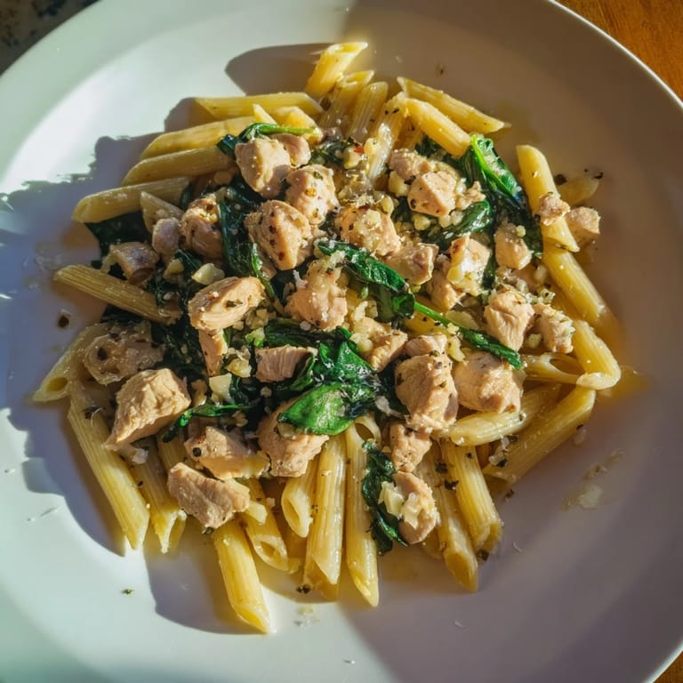 Hearty One-Pot Spinach and Chicken Pasta bubbling in a pot, ready for a comforting, easy dinner.