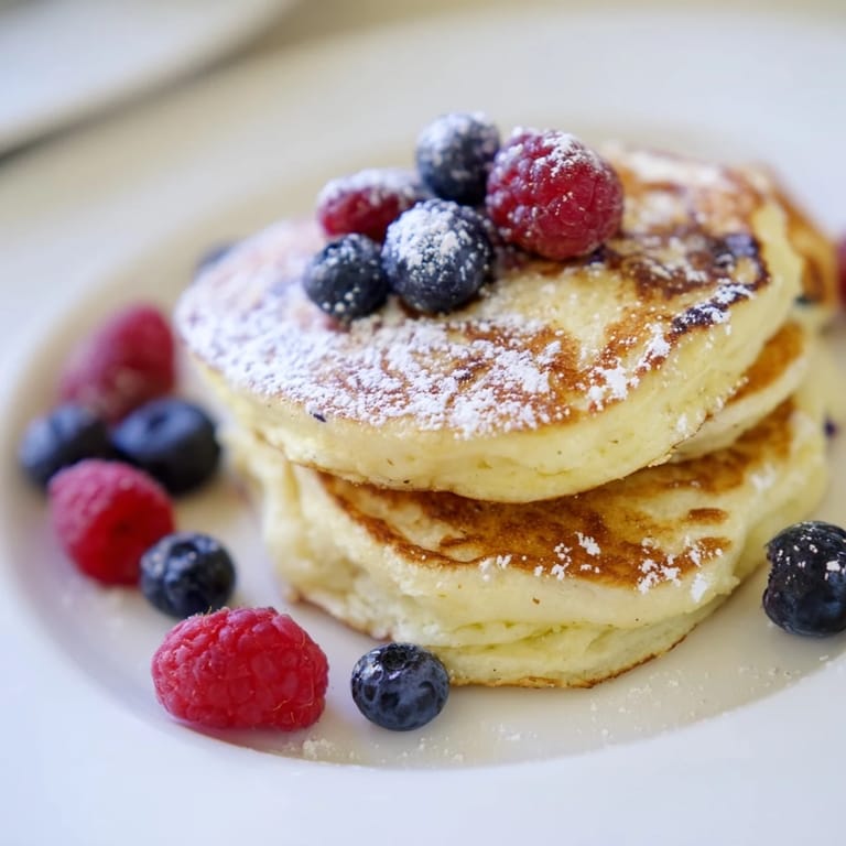 Picture delicious homemade Lemon Ricotta Pancakes served with sweet blueberries and a dusting of powdered sugar.