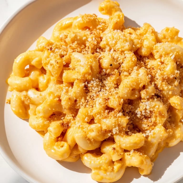 This close-up shows tender, roasted butternut squash in a velvety Butternut Squash Mac with parmesan.