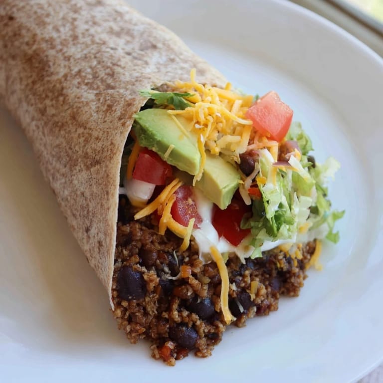 Close-up of a steaming, savory Smoky Black Bean Burrito showcasing colorful filling inside.