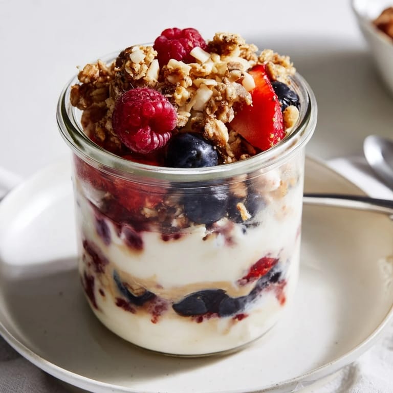 This Cashew Butter Yogurt Parfait showcases creamy yogurt beautifully mingled with berries and crunchy granola.