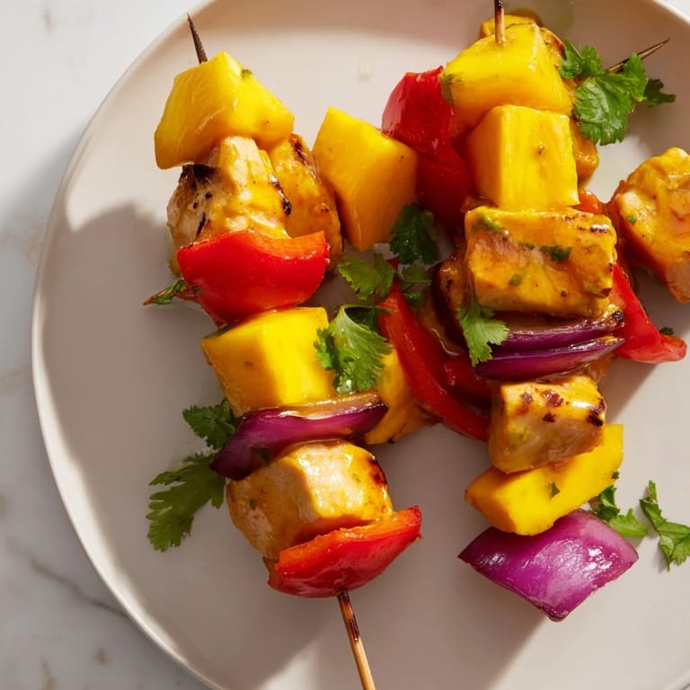 Beautifully grilled Mango Lime Chicken Skewers sizzling, presenting a tropical dinner with fresh cilantro.