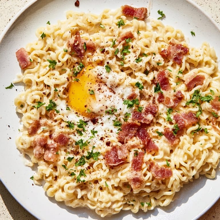 Flavorful Ramen Carbonara Hack, featuring a creamy egg sauce over perfectly cooked ramen noodles and bacon.